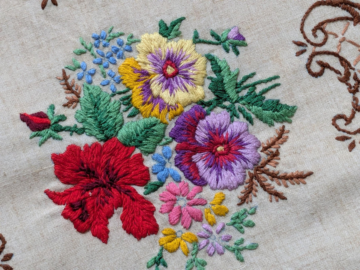 Huge vintage embroidered linen bed cover