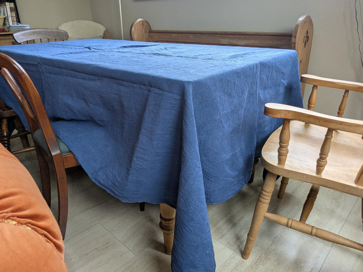 Antique French metis linen sheet or tablecloth dyed blue
