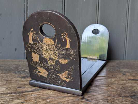 Antique book slide, book ends, black lacquer with dragons