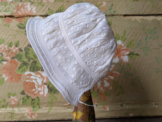 Baby's early antique bonnet, doll bonnet, sprigged embroidery