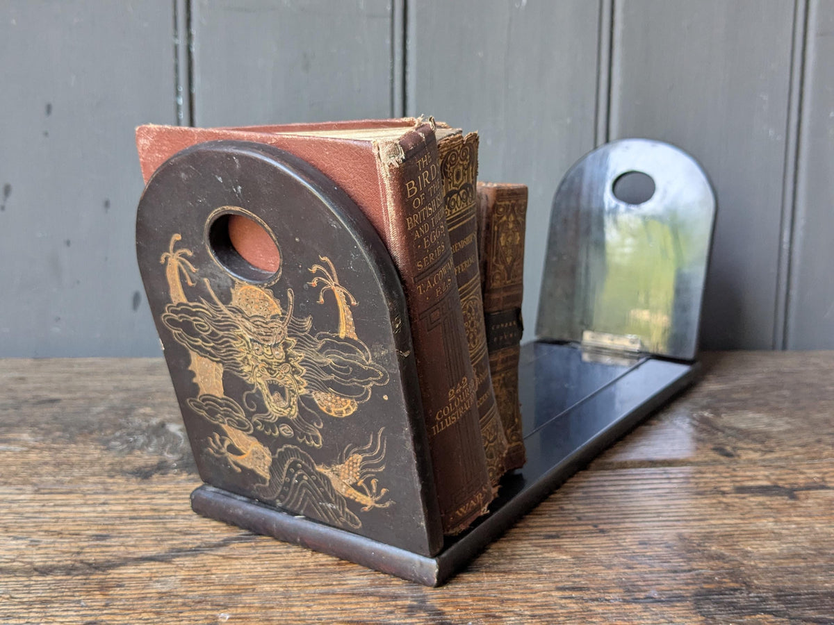 Antique book slide, book ends, black lacquer with dragons