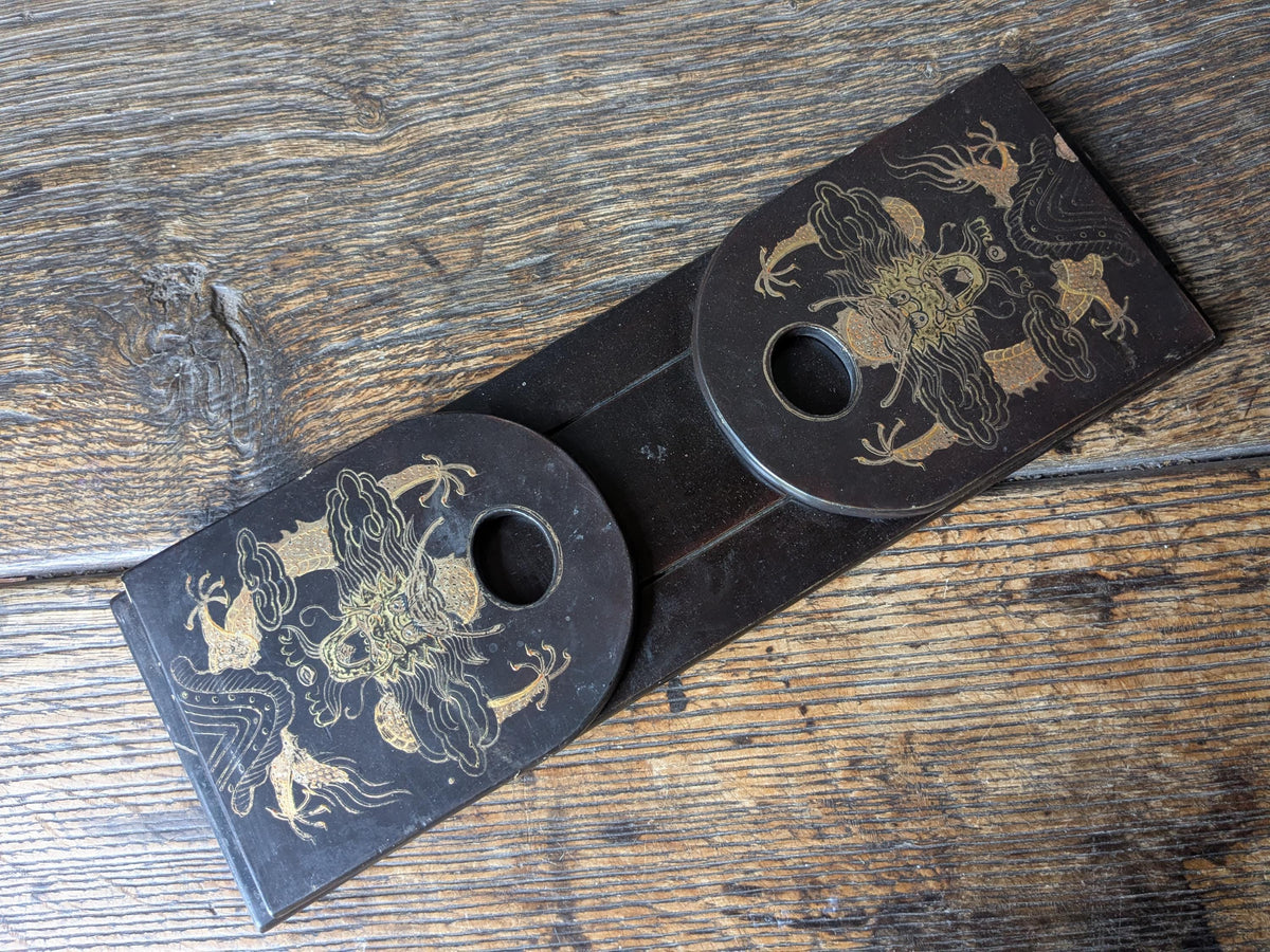 Antique book slide, book ends, black lacquer with dragons