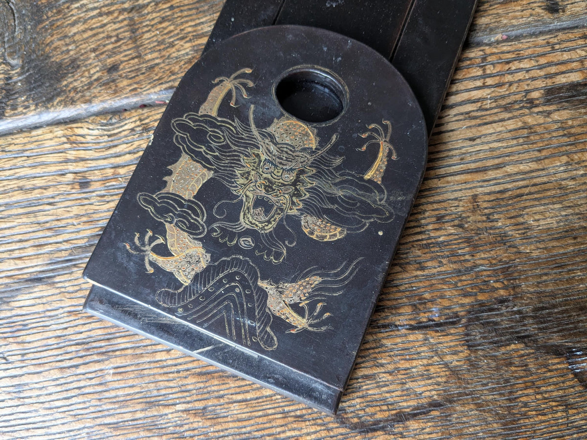 Antique book slide, book ends, black lacquer with dragons