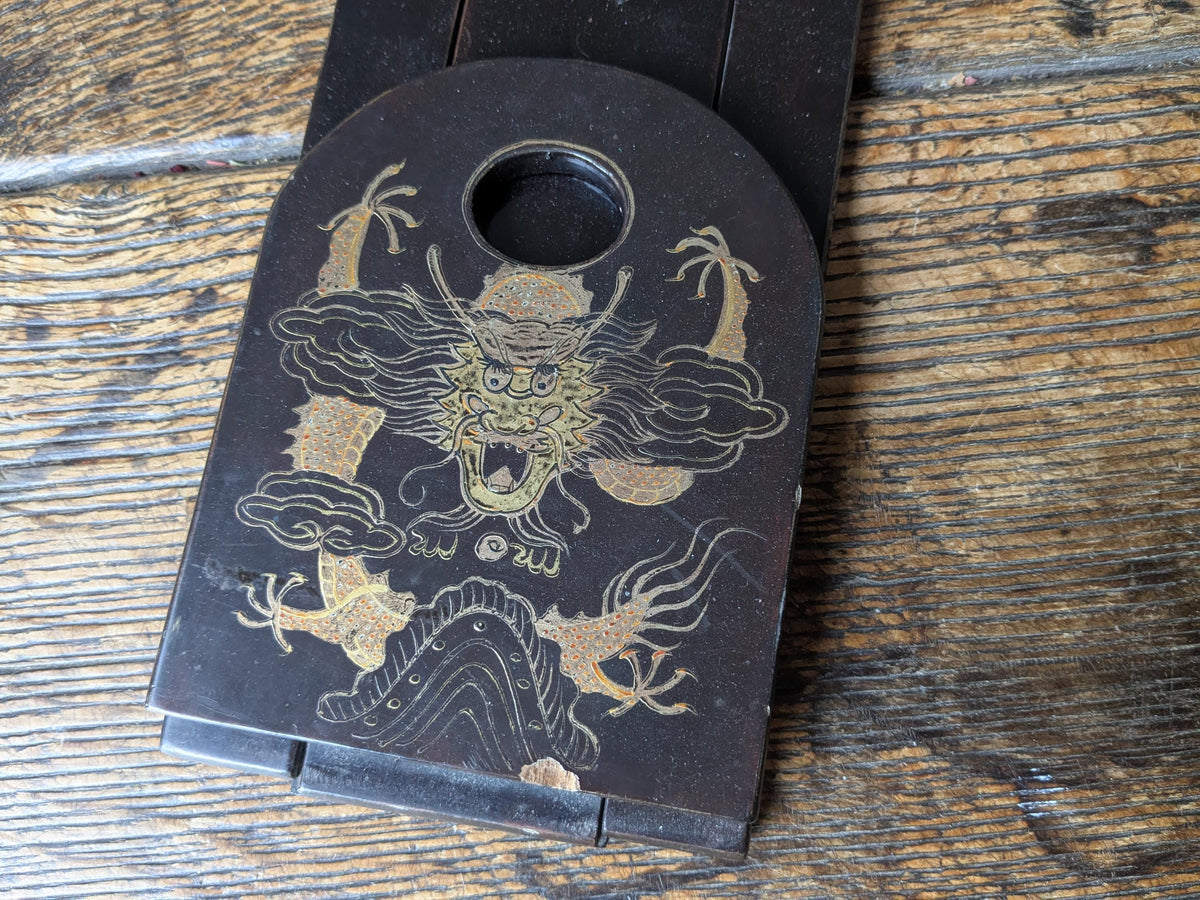 Antique book slide, book ends, black lacquer with dragons