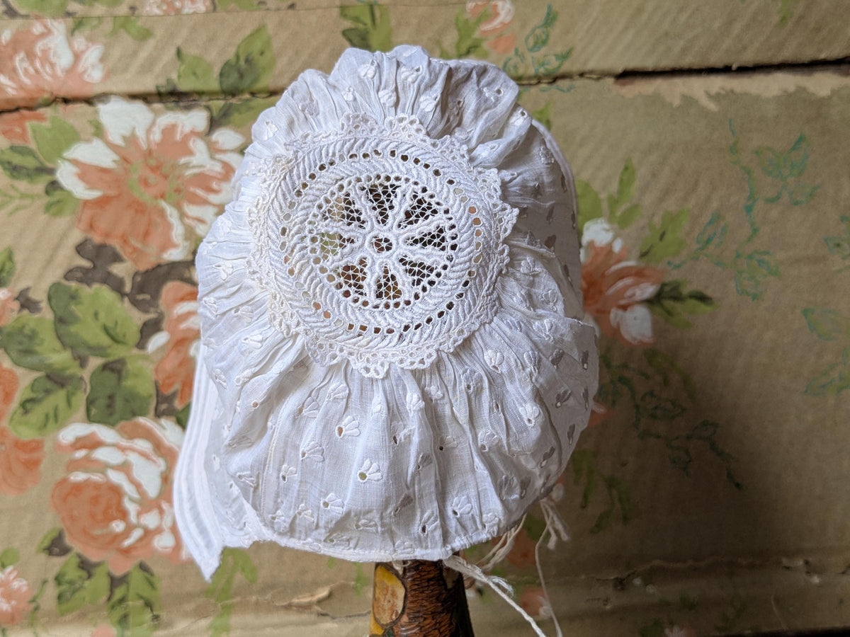 Baby's early antique bonnet, doll bonnet, sprigged embroidery