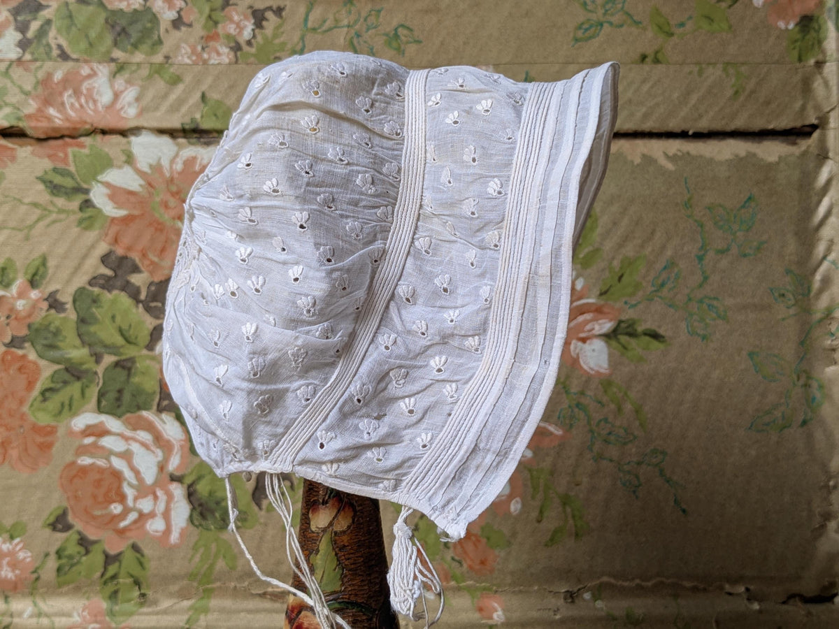 Baby's early antique bonnet, doll bonnet, sprigged embroidery
