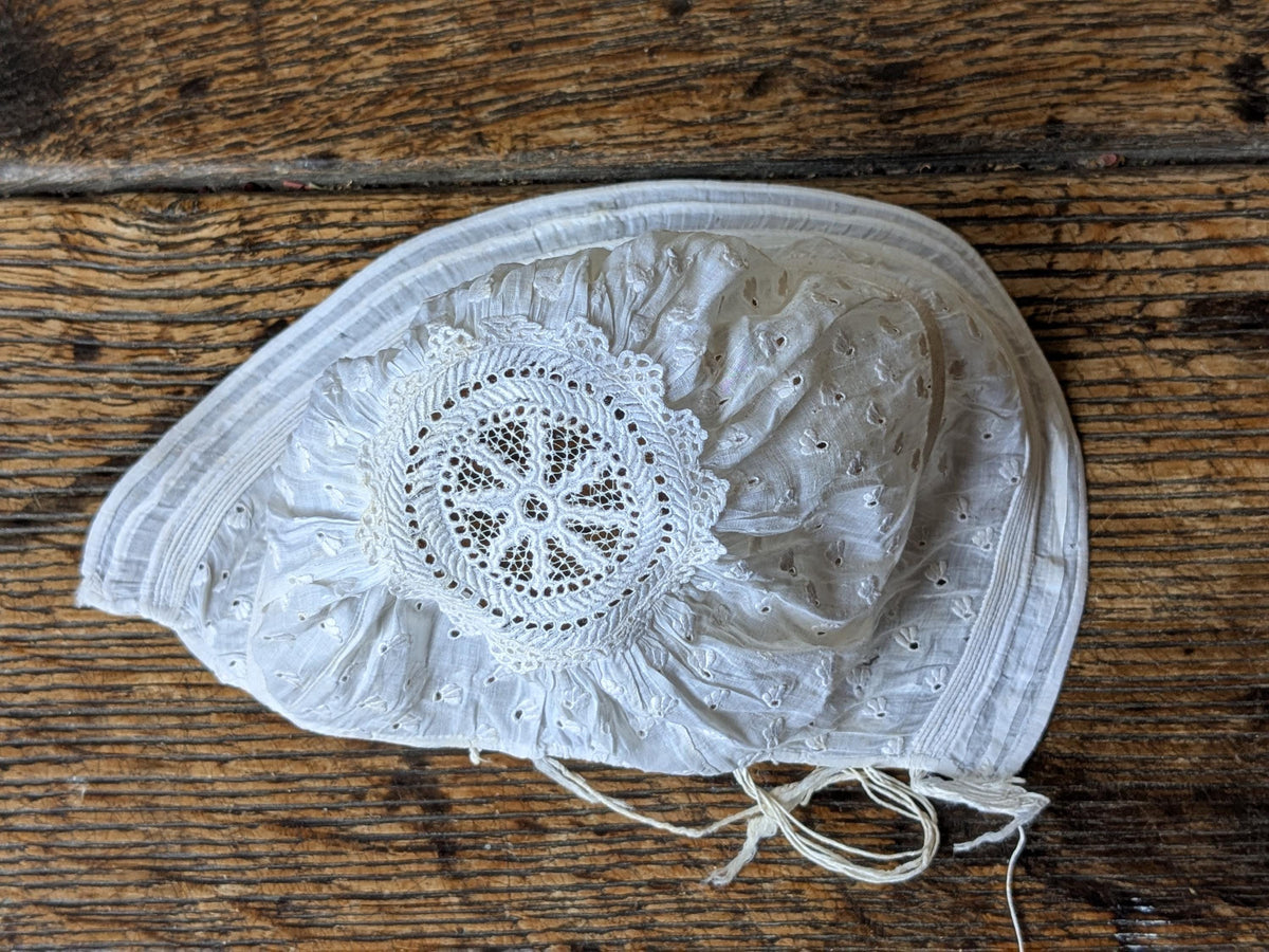 Baby's early antique bonnet, doll bonnet, sprigged embroidery