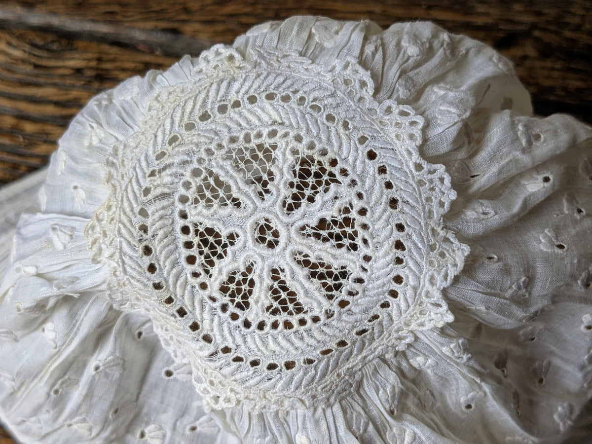 Baby's early antique bonnet, doll bonnet, sprigged embroidery