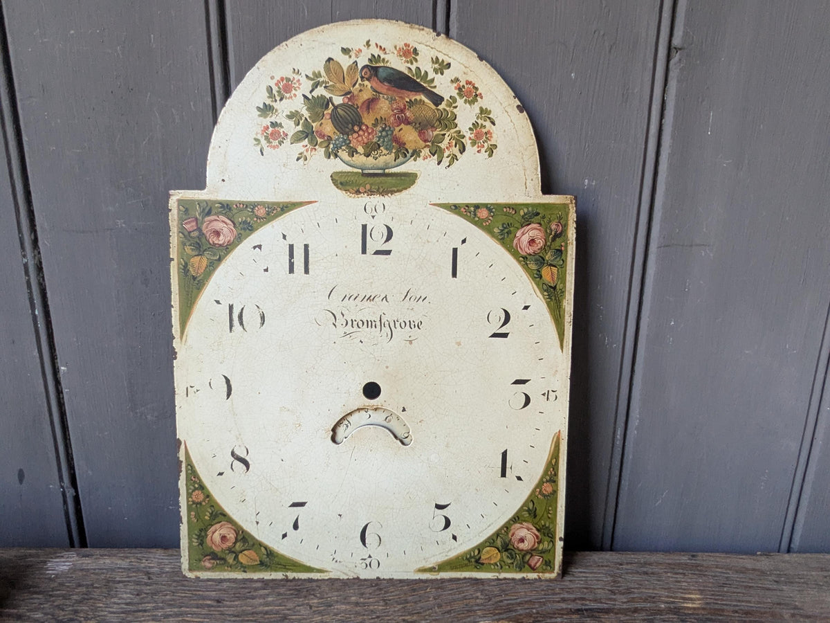 Antique clock face for long case clock: bird, fruit, flowers