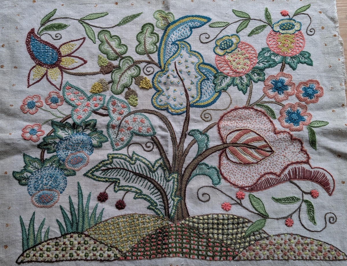 Vintage crewel work embroidery on linen