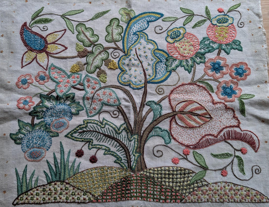 Vintage crewel work embroidery on linen