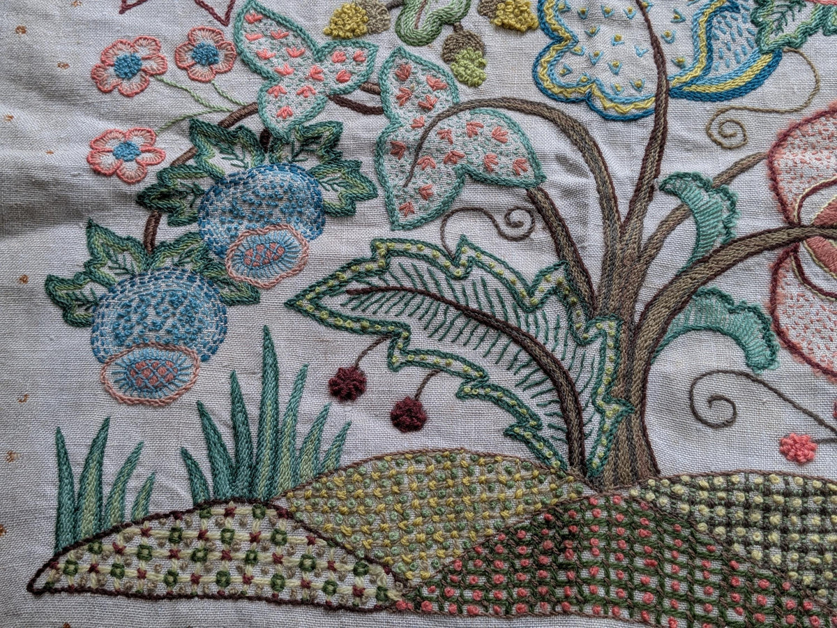 Vintage crewel work embroidery on linen