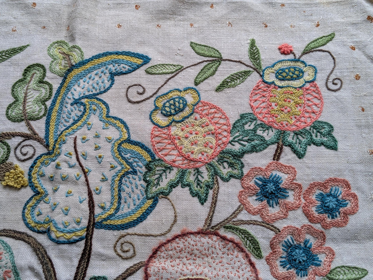 Vintage crewel work embroidery on linen