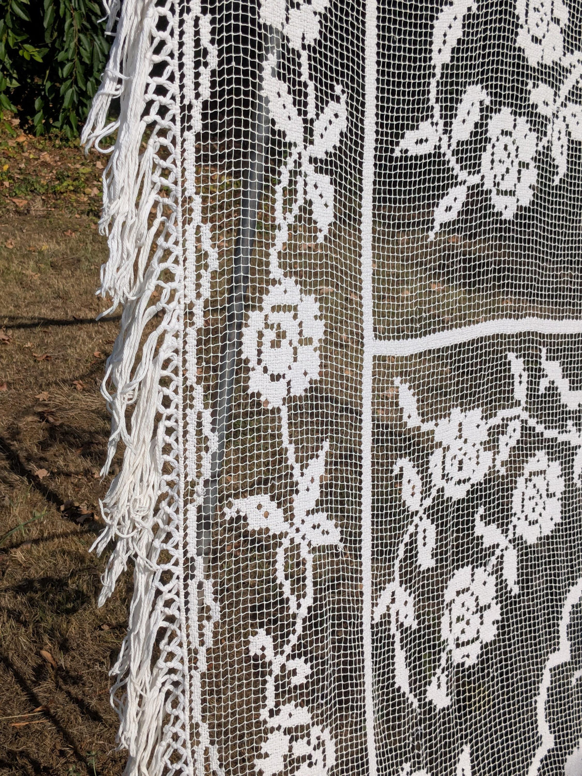 Antique French filet lace lace bed cover or drape with cherubs