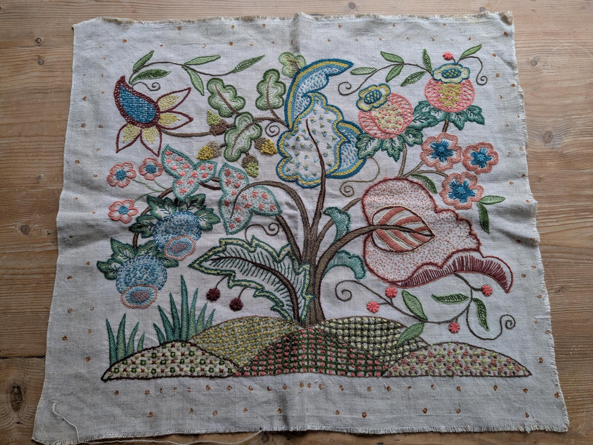 Vintage crewel work embroidery on linen