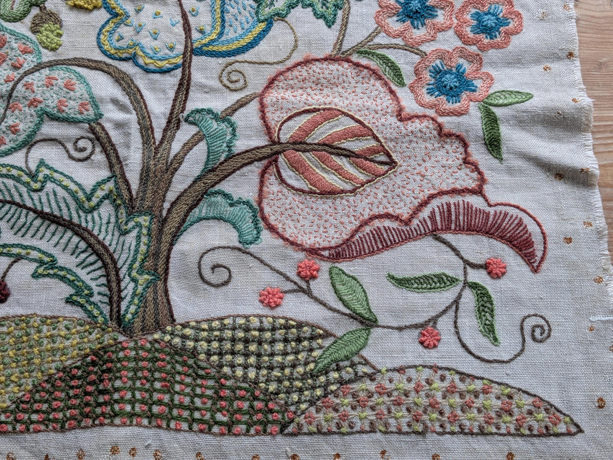 Vintage crewel work embroidery on linen