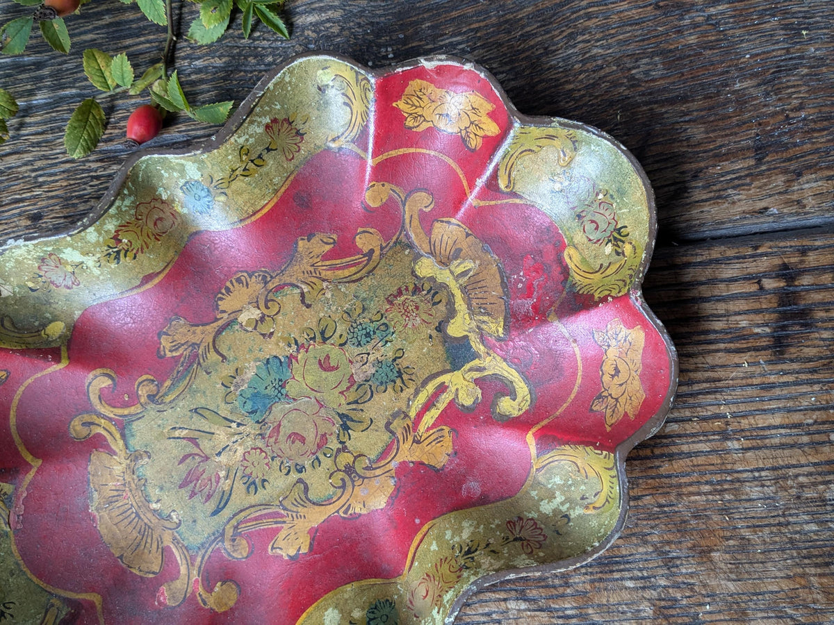 Antique papier mache dish with painted flowers