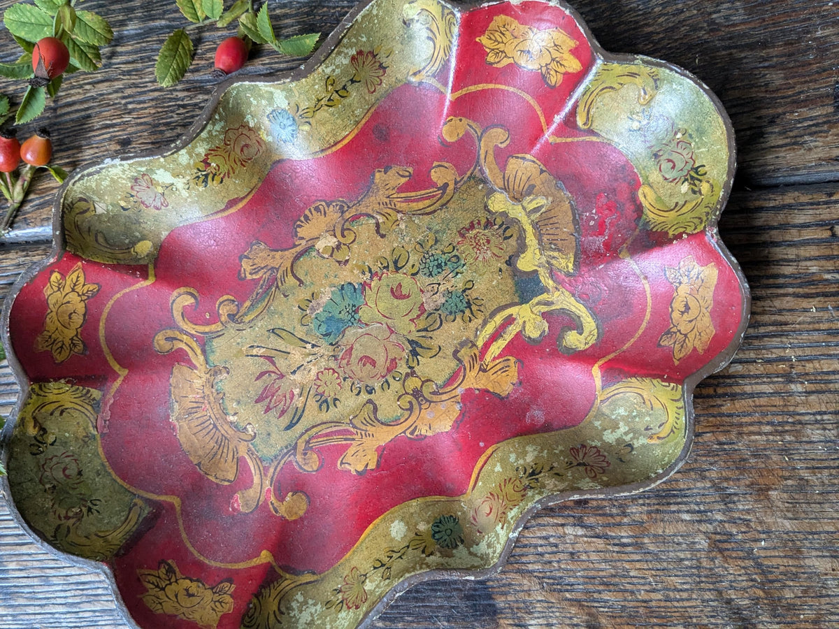 Antique papier mache dish with painted flowers