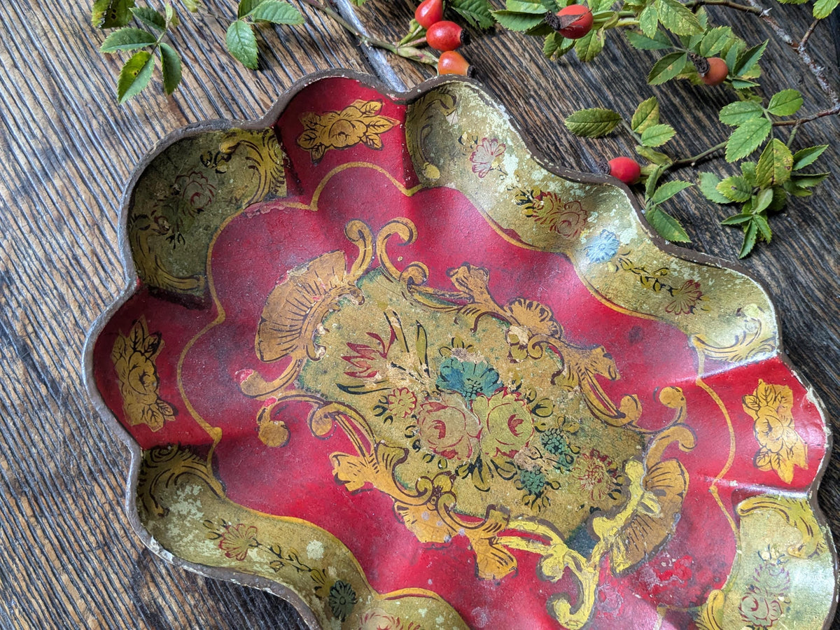 Antique papier mache dish with painted flowers