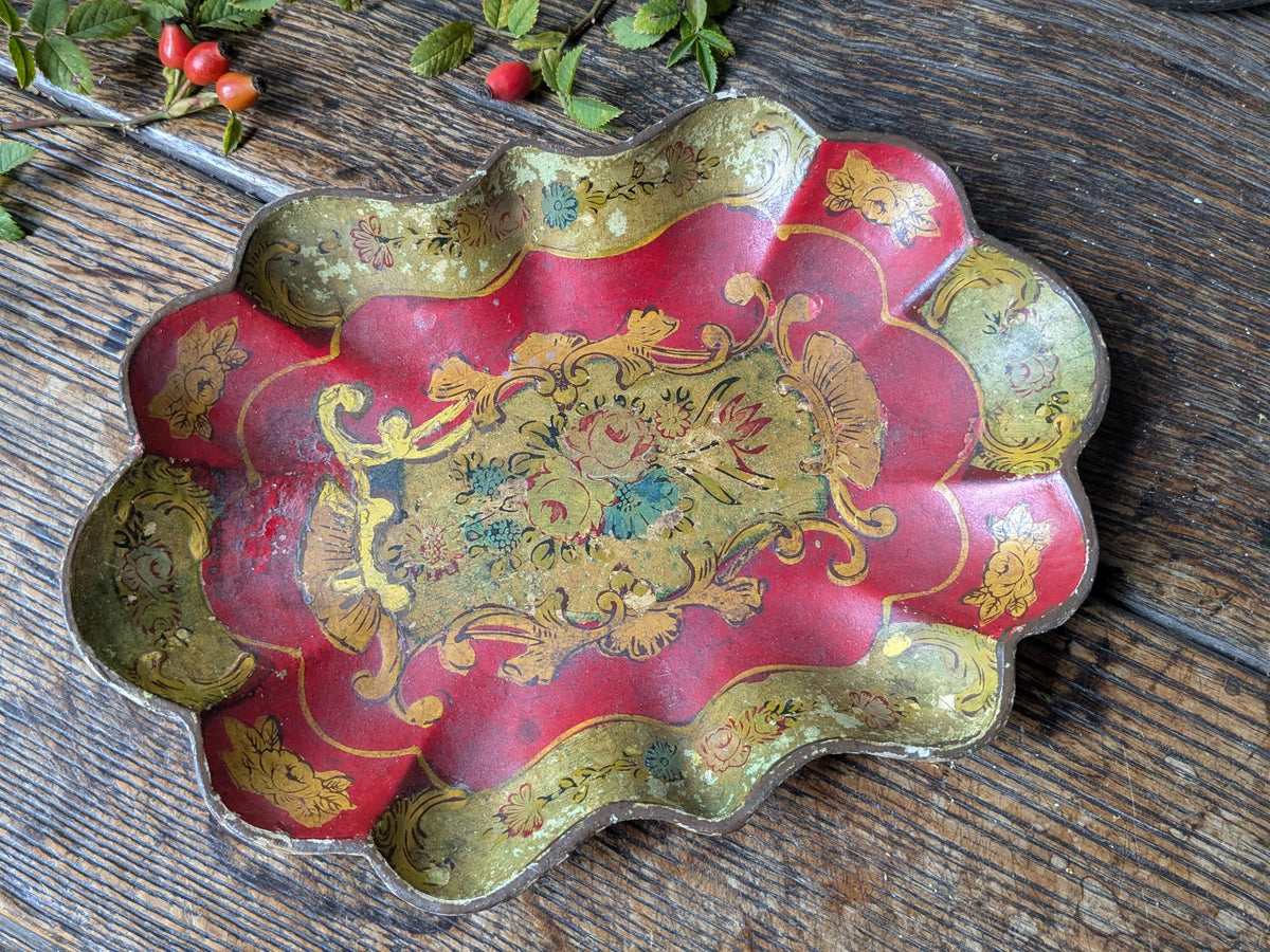 Antique papier mache dish with painted flowers