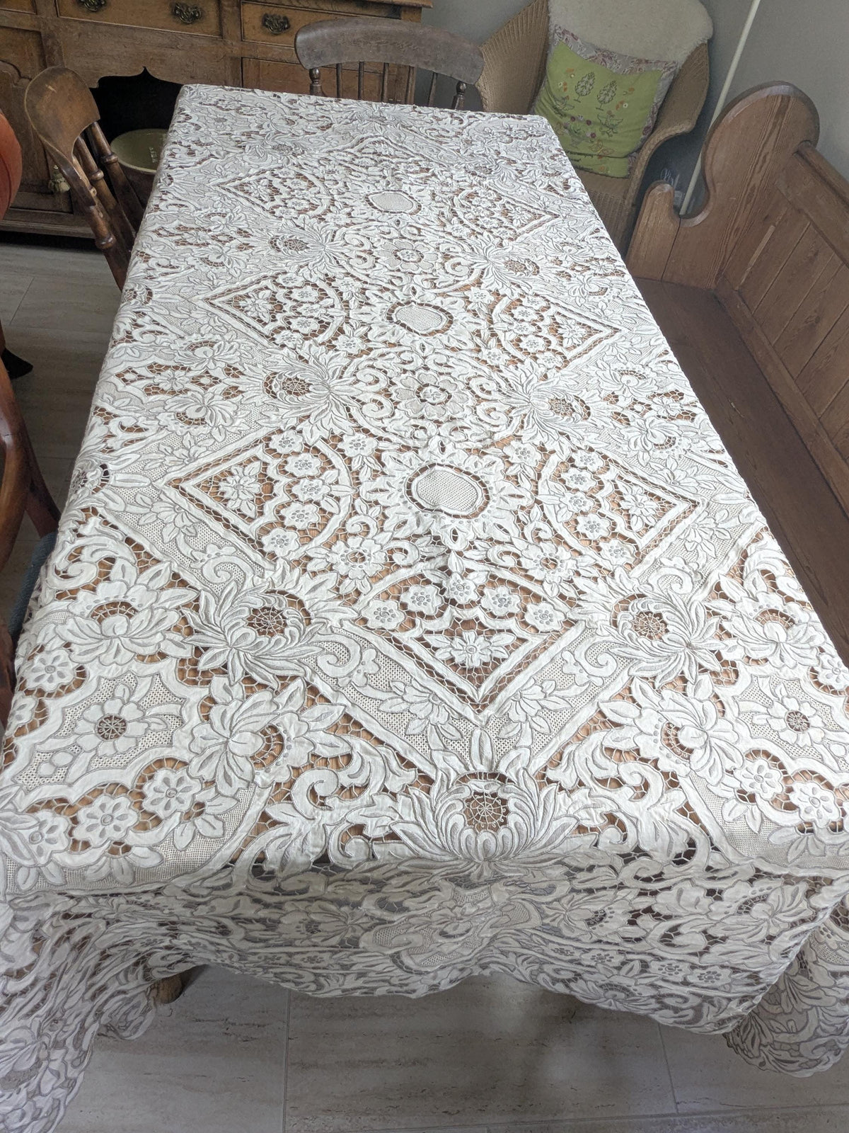 Large vintage Madeira Embroidered Linen Tablecloth, Hand-Stitched Cutwork