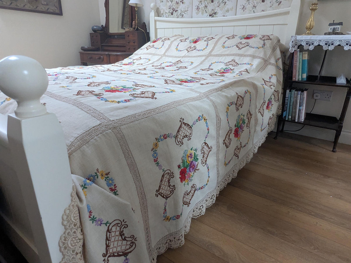 Huge vintage embroidered linen bed cover