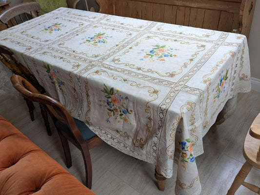 Large vintage embroidered tablecloth or bed cover