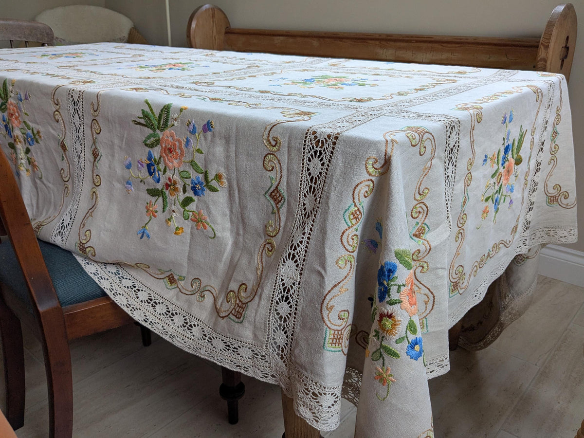 Large vintage embroidered tablecloth or bed cover