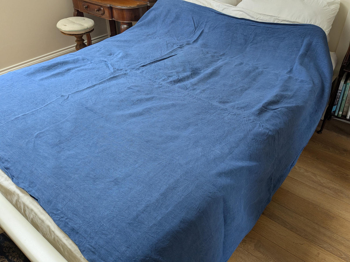 Antique French metis linen sheet or tablecloth dyed blue