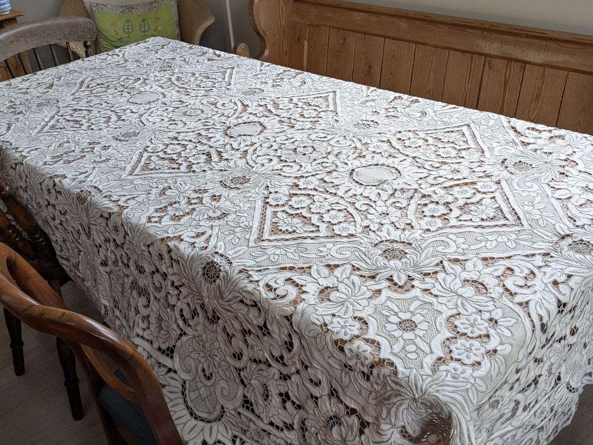 Large vintage Madeira Embroidered Linen Tablecloth, Hand-Stitched Cutwork