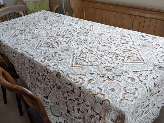 Large vintage Madeira Embroidered Linen Tablecloth, Hand-Stitched Cutwork