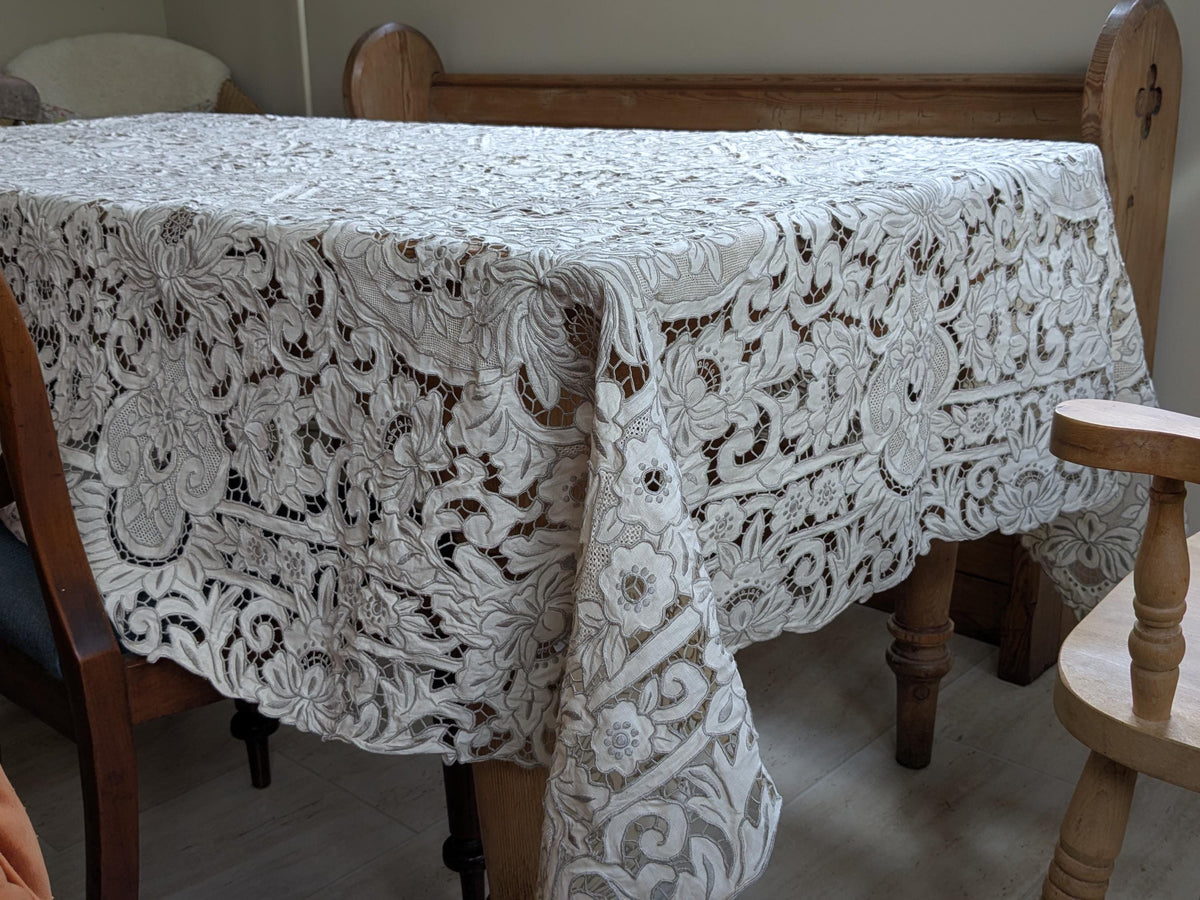 Large vintage Madeira Embroidered Linen Tablecloth, Hand-Stitched Cutwork