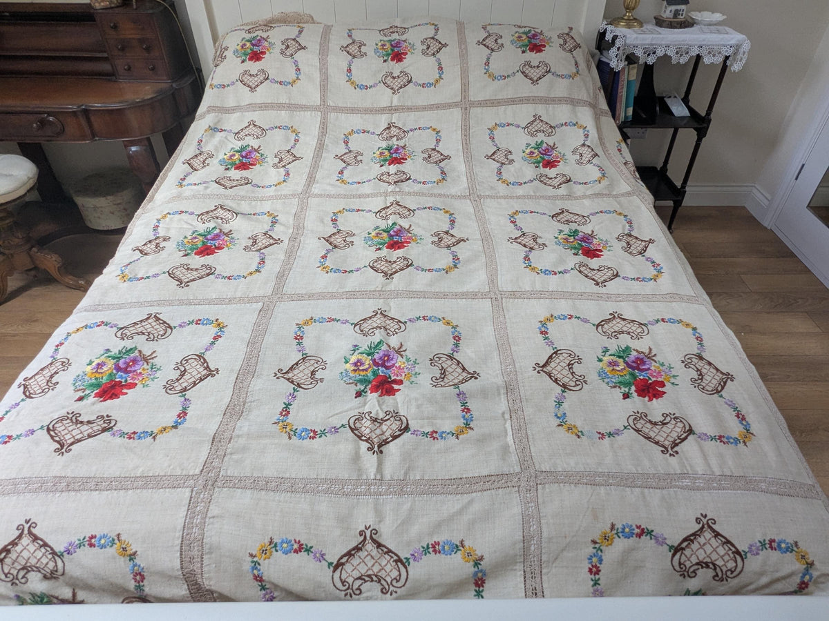 Huge vintage embroidered linen bed cover