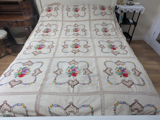 Huge vintage embroidered linen bed cover