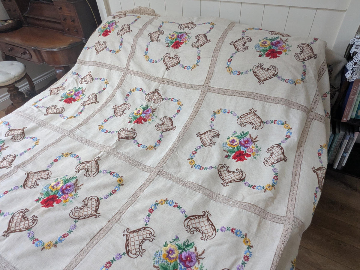 Huge vintage embroidered linen bed cover