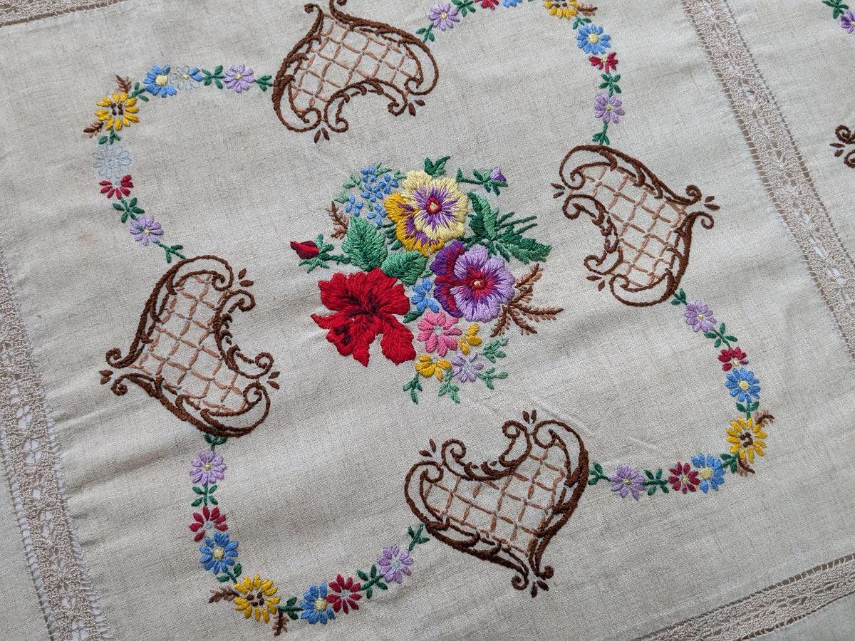 Huge vintage embroidered linen bed cover