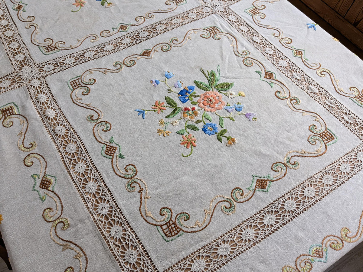 Large vintage embroidered tablecloth or bed cover