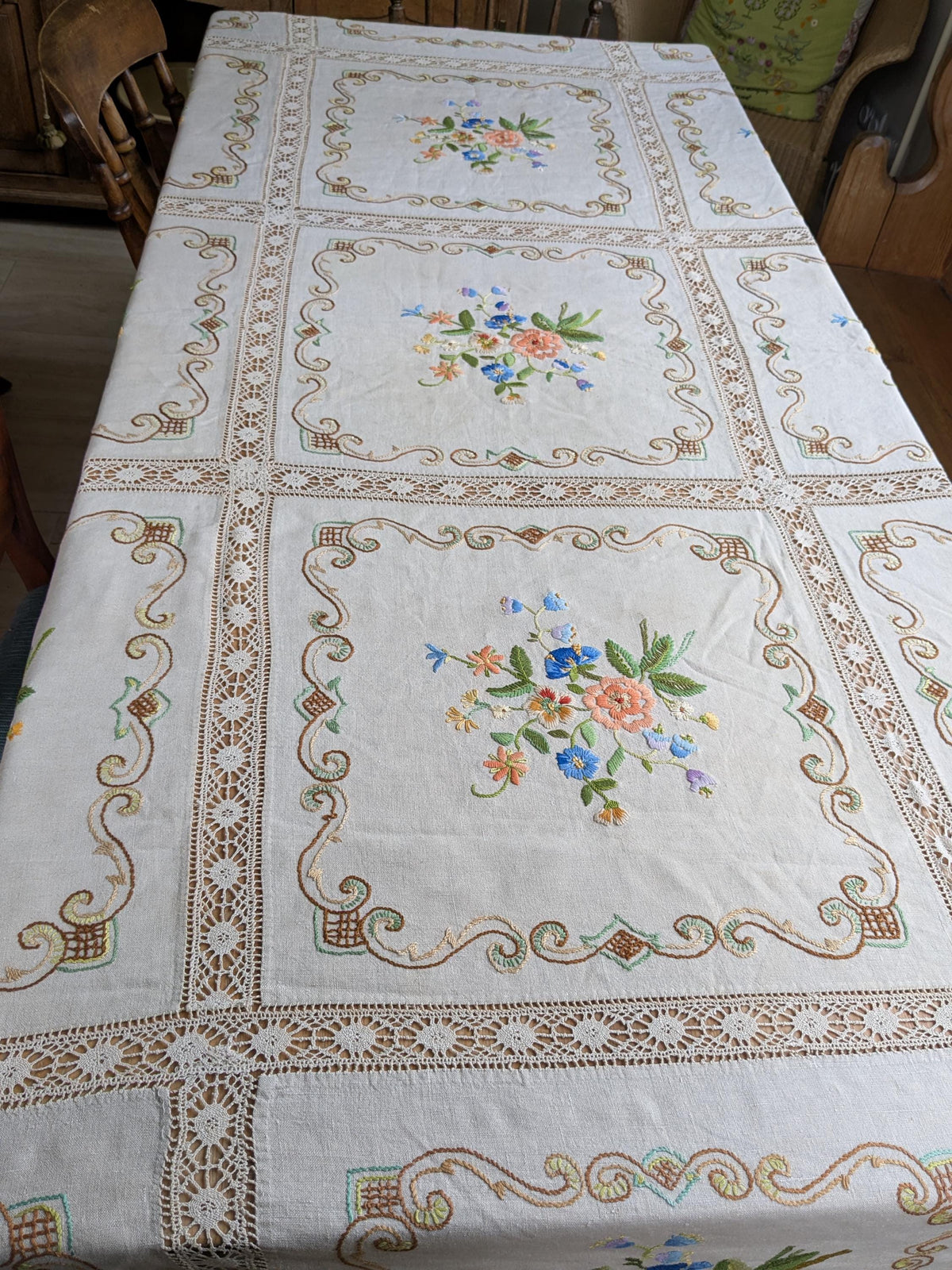 Large vintage embroidered tablecloth or bed cover