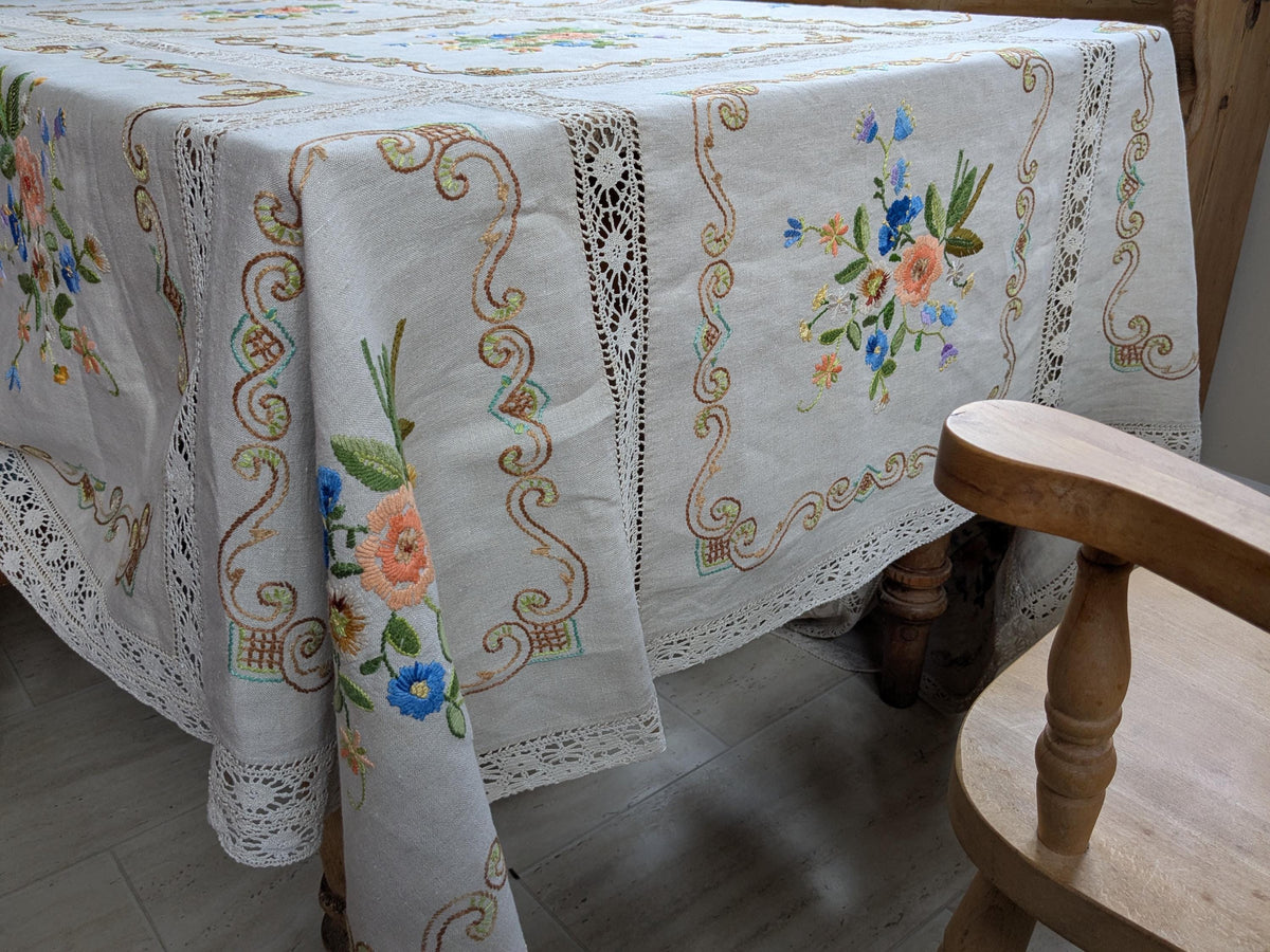 Large vintage embroidered tablecloth or bed cover