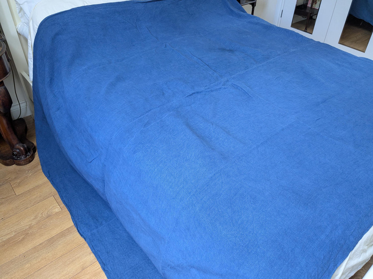 Antique French metis linen sheet or tablecloth dyed blue