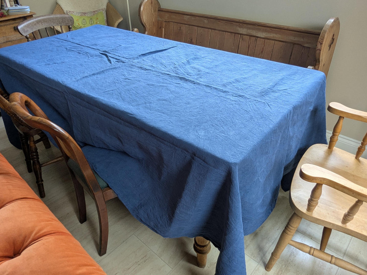 Antique French metis linen sheet or tablecloth dyed blue